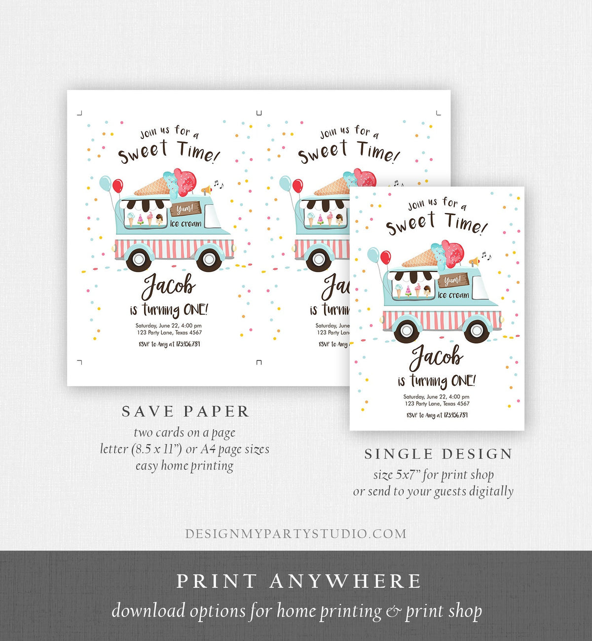 Editable Ice Cream Truck Birthday Invitation Ice Cream Party Cone Boy Girl Sweet Time Digital Download Evite Template Printable 0243
