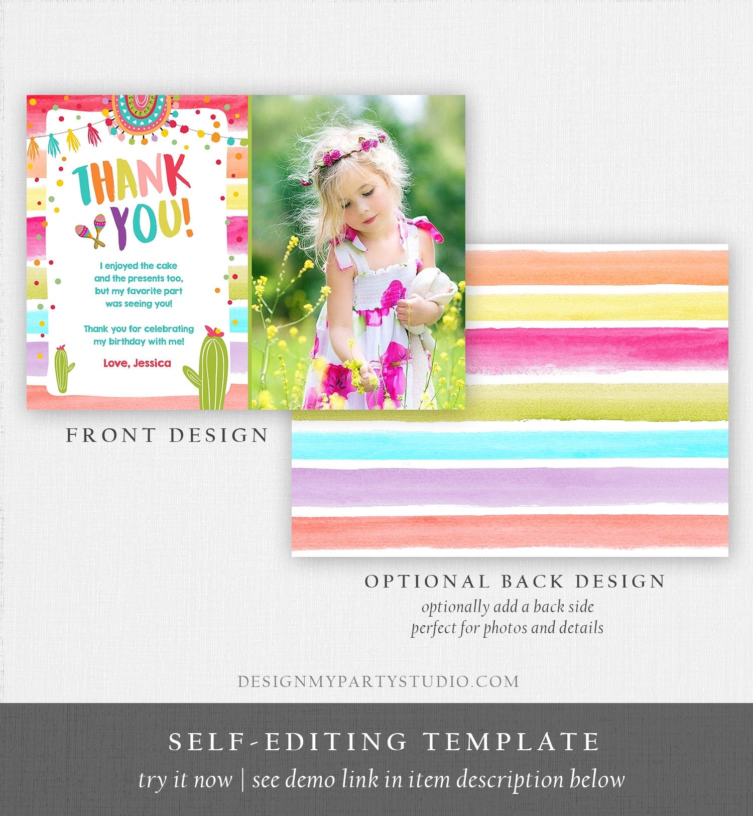 Editable Let's Fiesta Thank You Card Cactus Succulent First Birthday Party Girl 1st Mexican Digital Download Template Printable 0134