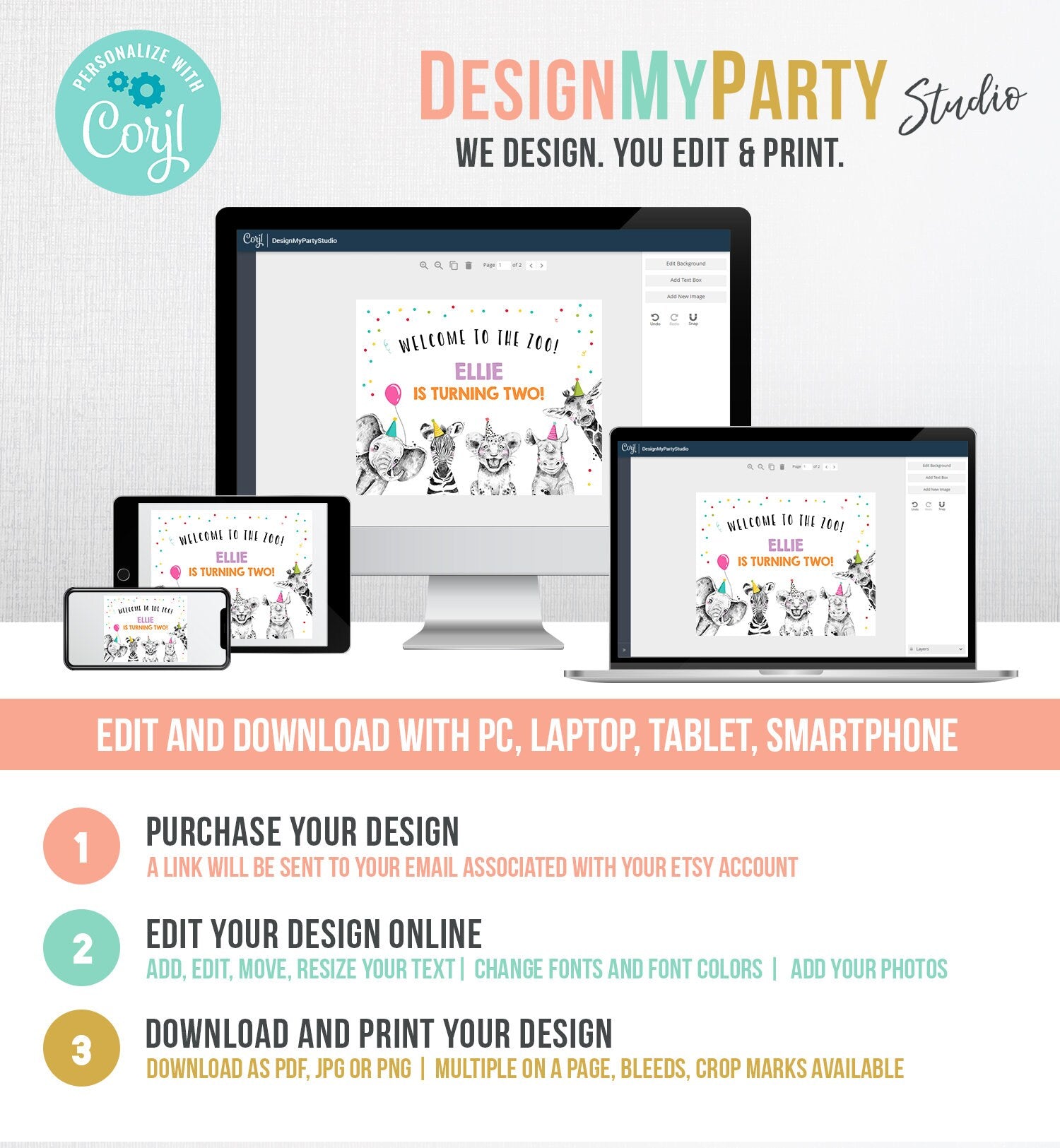 Editable Party Animals Welcome to the Zoo Sign Safari Animals Sign Welcome Jungle Sign Birthday Animals Girl Digital Template Printable 0390