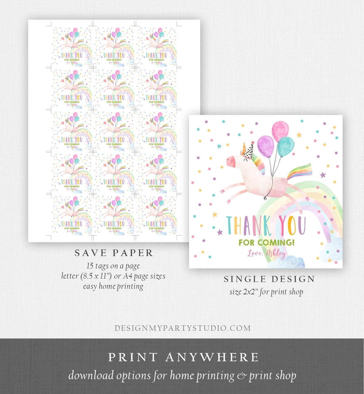 Editable Unicorn Favor Tags Unicorn Birthday Party Thank You Gift Tags Magical Rainbow Girl Round Sticker Corjl Pink Gold Template 0336