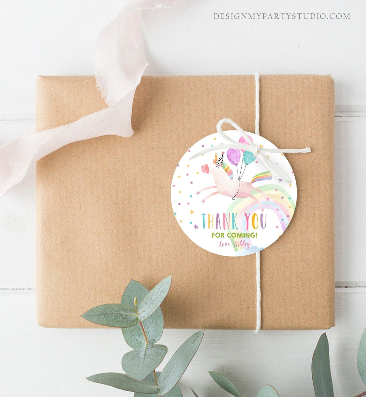 Editable Unicorn Favor Tags Unicorn Birthday Party Thank You Gift Tags Magical Rainbow Girl Round Sticker Corjl Pink Gold Template 0336