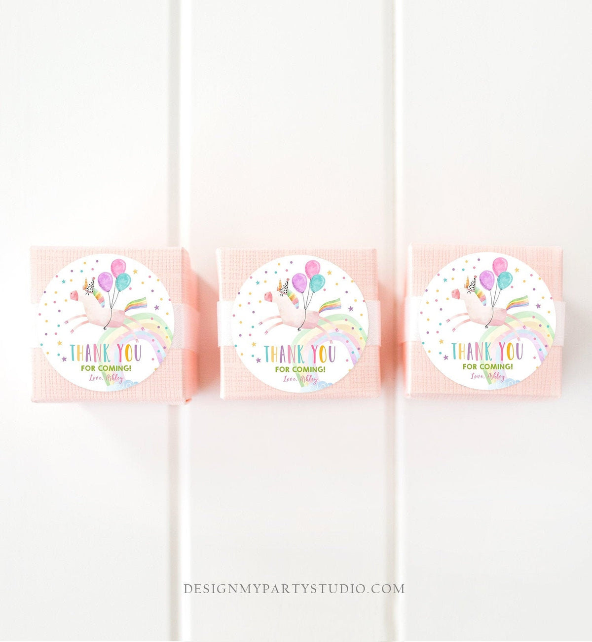 Editable Unicorn Favor Tags Unicorn Birthday Party Thank You Gift Tags Magical Rainbow Girl Round Sticker Corjl Pink Gold Template 0336