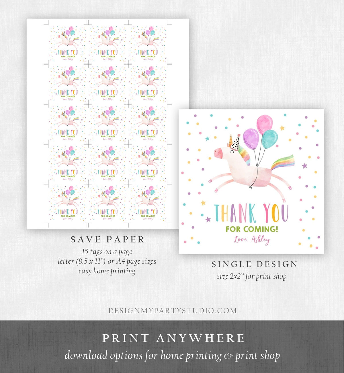 Editable Unicorn Favor Tags Unicorn Birthday Party Thank You Gift Tags Magical Rainbow Girl Round Sticker Pink Gold Template Printable 0336