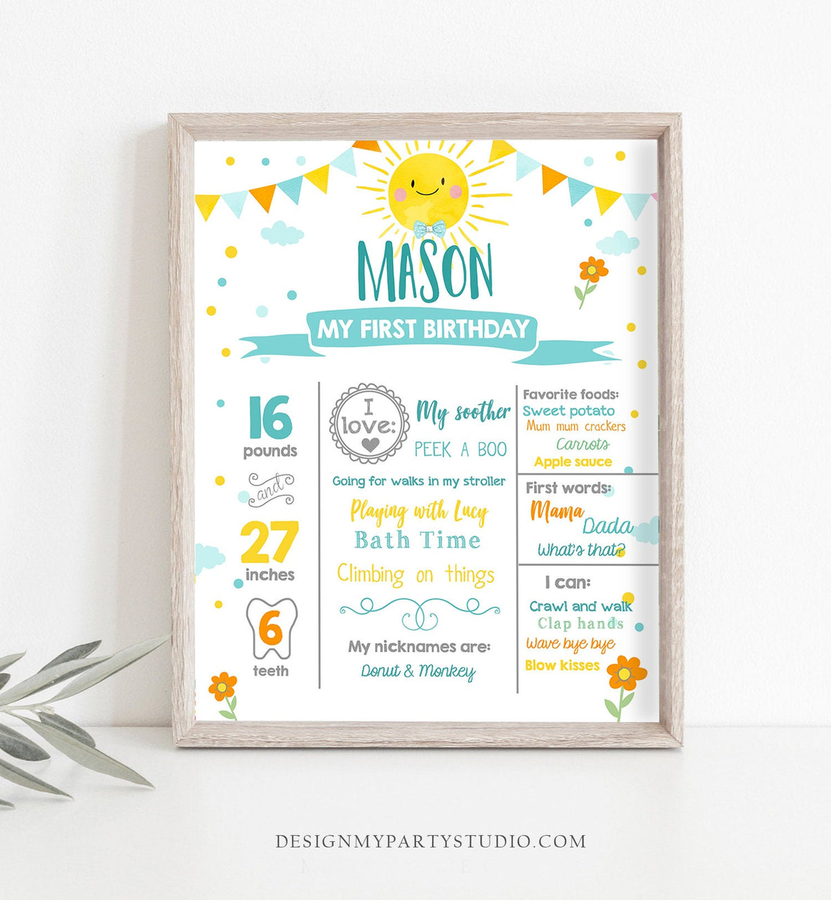 Editable Little Sunshine Birthday Milestones Sign Summer Boy First Birthday 1st Blue Bow Tie Digital Download Template Printable 0141
