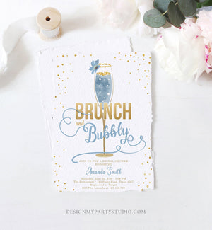 Editable Brunch and Bubbly Bridal Shower Invitation Floral Champagne Gold Dusty Blue Wedding Download Printable Template Digital Corjl 0150