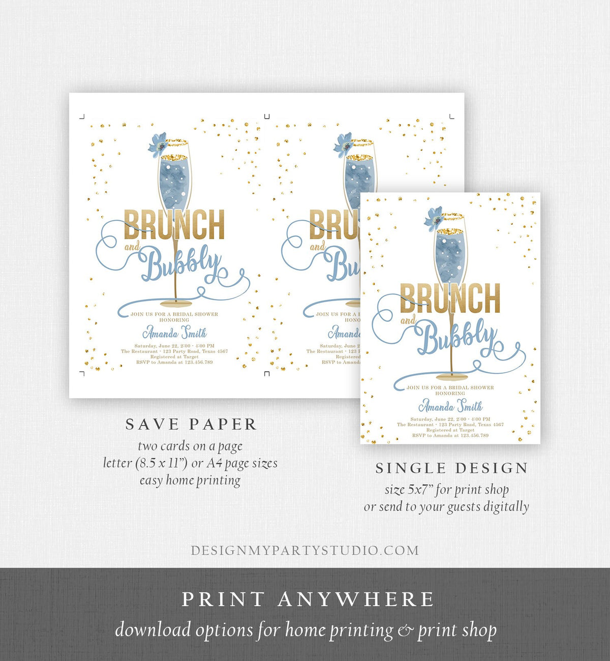 Editable Brunch and Bubbly Bridal Shower Invitation Floral Champagne Gold Dusty Blue Wedding Digital Download Evite Template Printable 0150