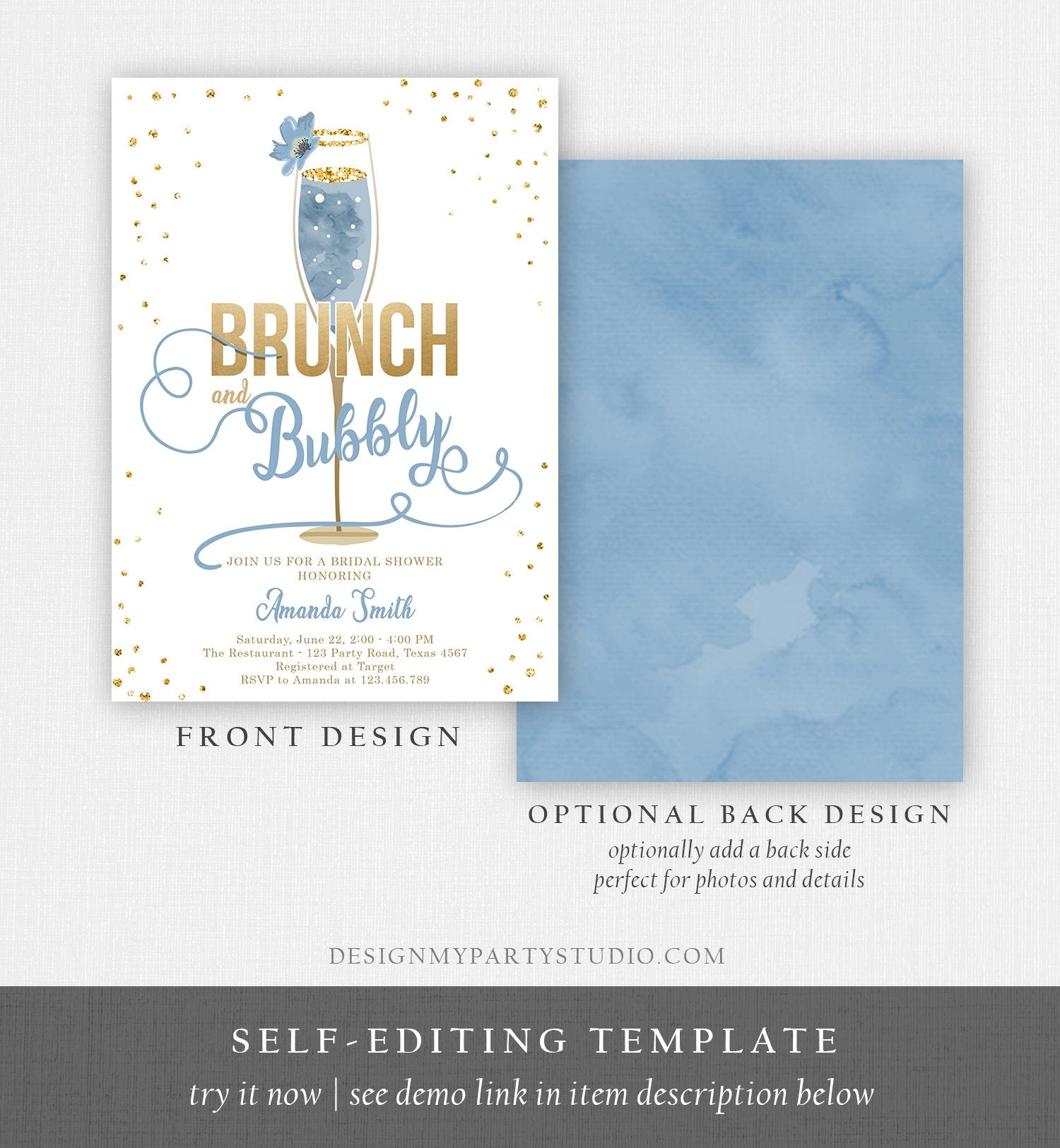 Editable Brunch and Bubbly Bridal Shower Invitation Floral Champagne Gold Dusty Blue Wedding Digital Download Evite Template Printable 0150