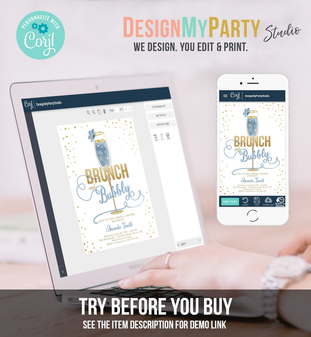 Editable Brunch and Bubbly Bridal Shower Invitation Floral Champagne Gold Dusty Blue Wedding Digital Download Evite Template Printable 0150