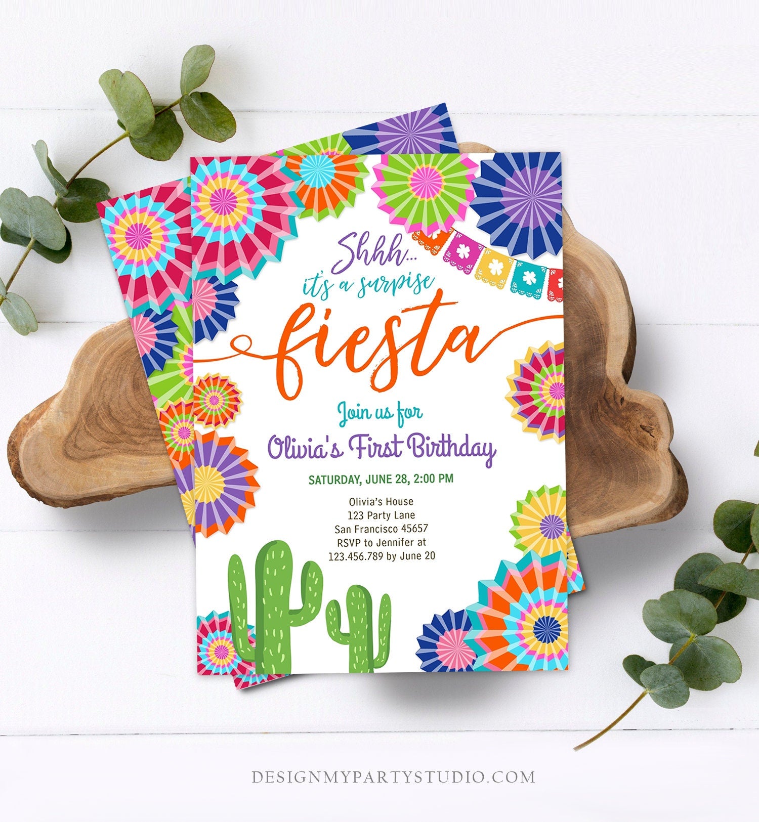 Editable Surprise Fiesta Birthday Invitation Girl Birthday Party Cactus Shhh ANY AGE Mexican Digital Download Corjl Template Printable 0236
