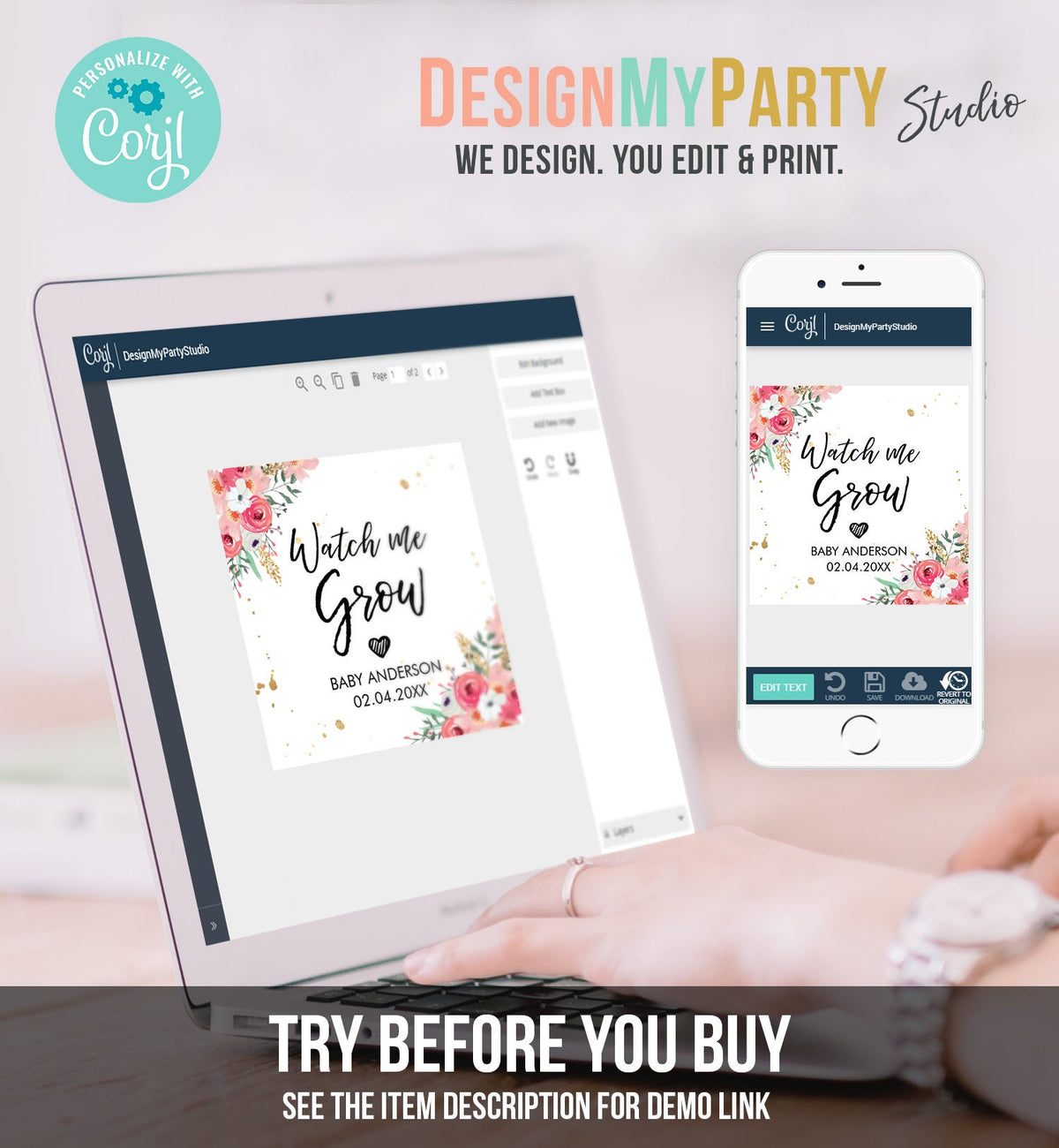 Editable Watch Me Grow Tags Baby Shower Favor Tags Plant Tags Cactus Succulent Thank You Pink Floral Gold Digital Template Printable 0030