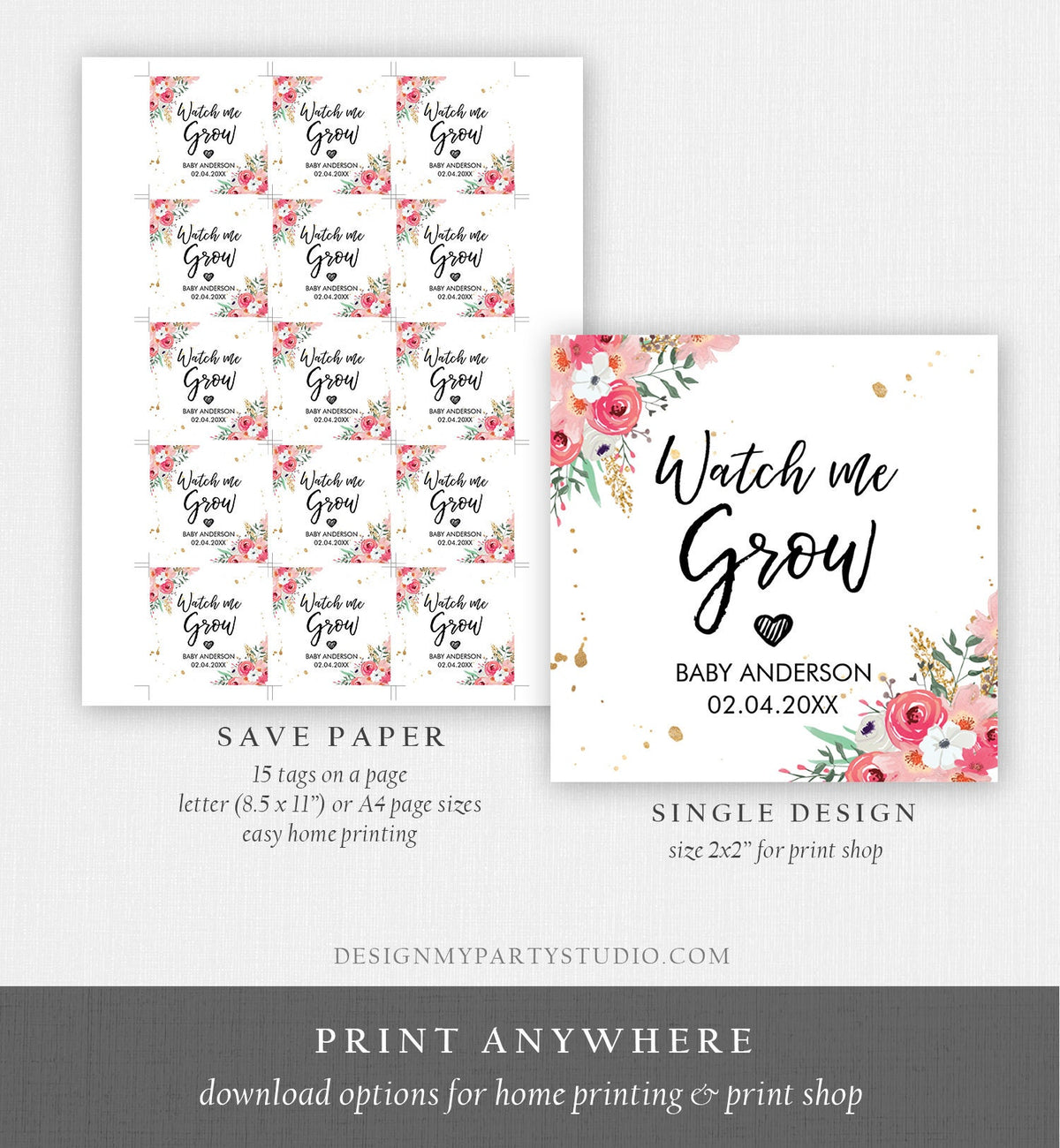 Editable Watch Me Grow Tags Baby Shower Favor Tags Plant Tags Cactus Succulent Thank You Pink Floral Gold Digital Template Printable 0030