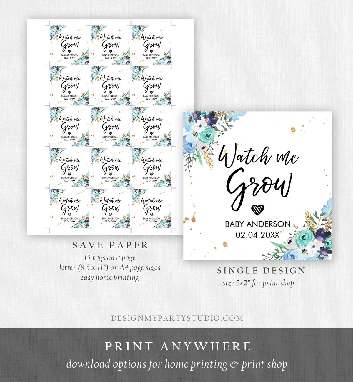 Editable Watch Me Grow Tags Baby Shower Favor Tags Plant Tags Cactus Succulent Thank You Tag Blue Floral Gold Corjl Template Printable 0030