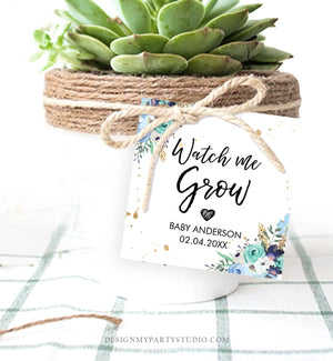 Editable Watch Me Grow Tags Baby Shower Favor Tags Plant Tags Cactus Succulent Thank You Tag Blue Floral Gold Corjl Template Printable 0030