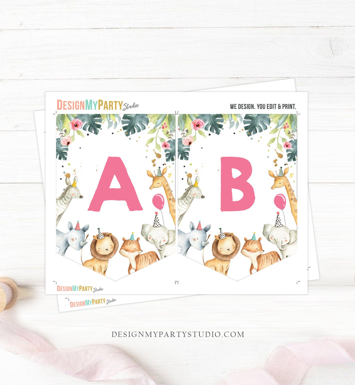 Safari Animals Birthday Banner A-Z Alphabet Numbers Banner First Happy Birthday Banner Zoo Green Pink Girl Jungle Decor Printable 0163