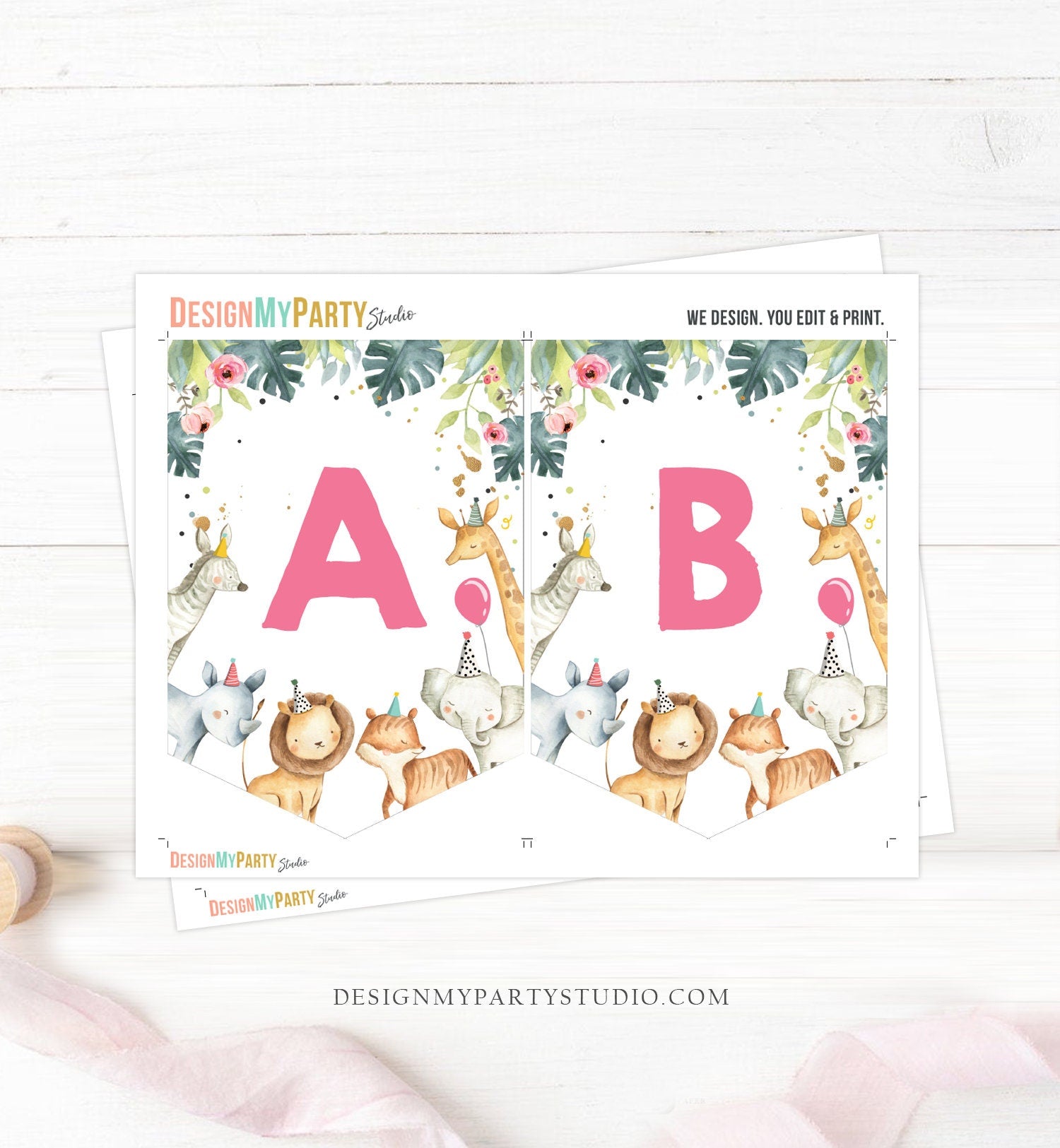 Safari Animals Birthday Banner A-Z Alphabet Numbers Banner First Happy Birthday Banner Zoo Green Pink Girl Jungle Decor Printable 0163