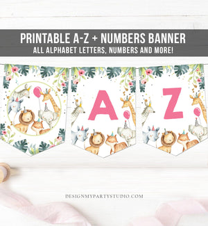 Safari Animals Birthday Banner A-Z Alphabet Numbers Banner First Happy Birthday Banner Zoo Green Pink Girl Jungle Decor Printable 0163