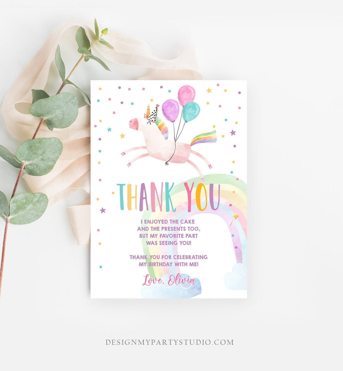 Editable Unicorn Thank You Card Girl Birthday Thank You Note Pink Gold Magical Party Baby Shower Download Digital Template Printable 0336