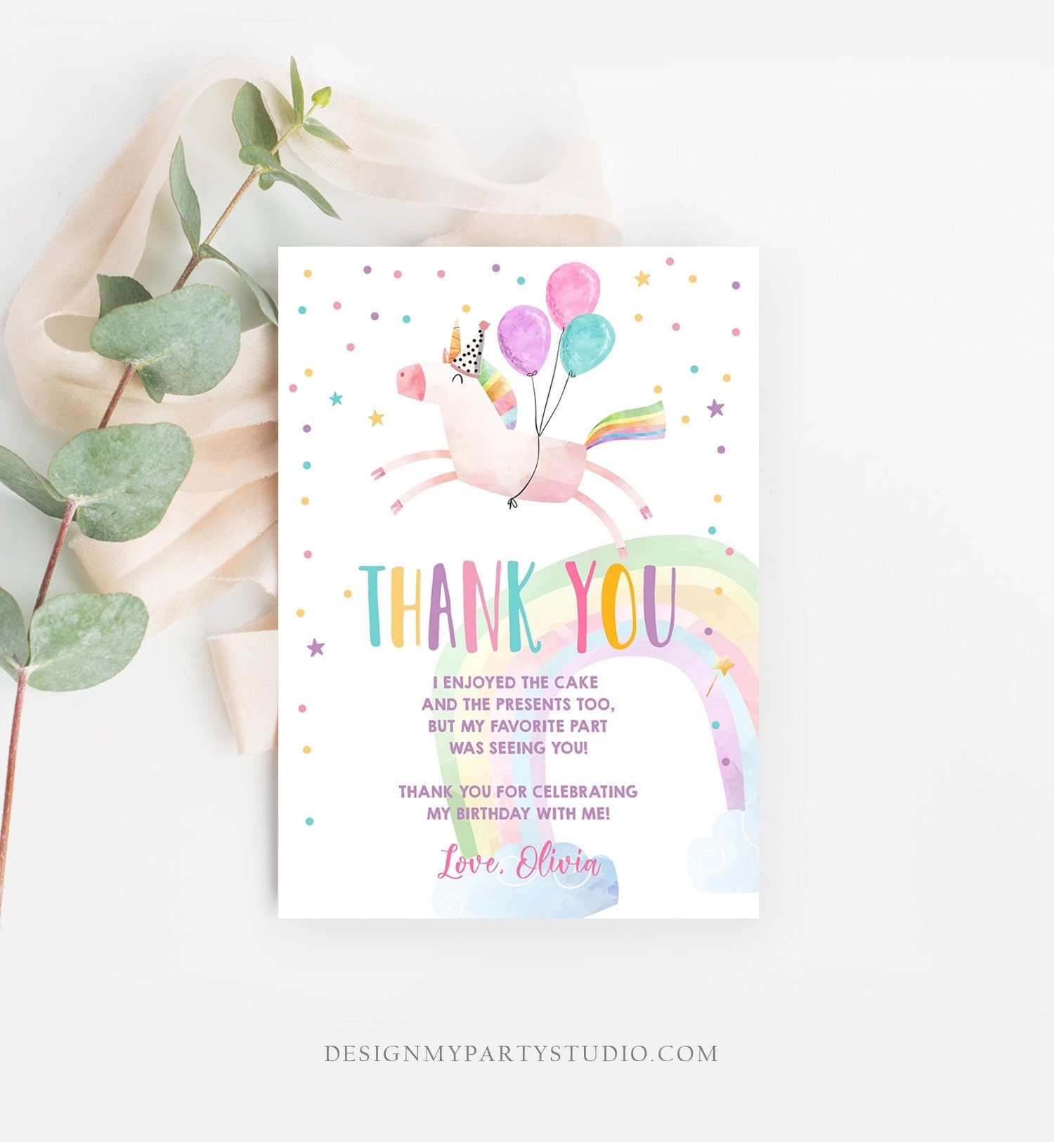 Editable Unicorn Thank You Card Girl Birthday Thank You Note Pink Gold Magical Party Baby Shower Download Digital Template Printable 0336