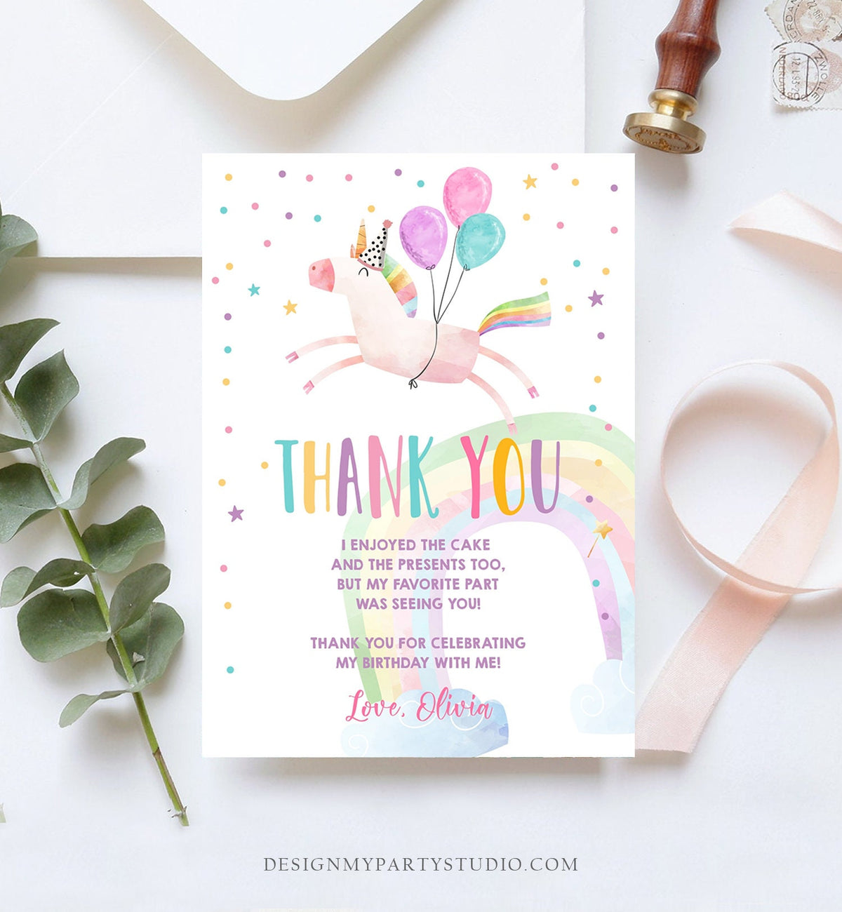 Editable Unicorn Thank You Card Girl Birthday Thank You Note Pink Gold Magical Party Baby Shower Download Digital Template Printable 0336
