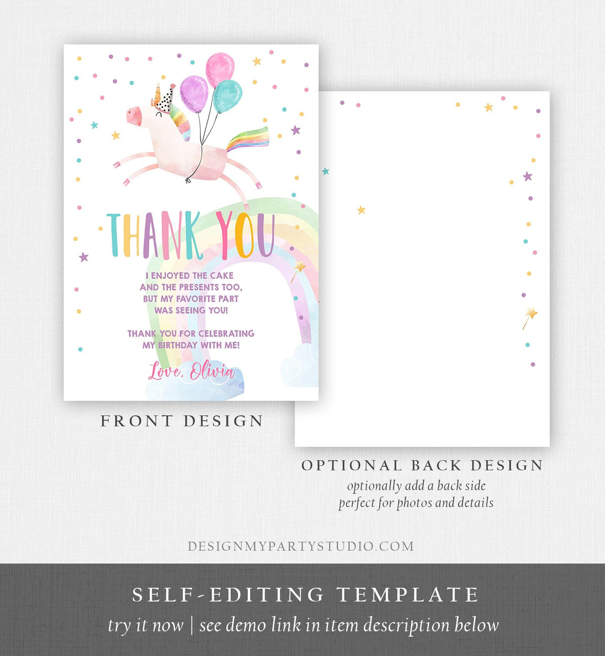 Editable Unicorn Thank You Card Girl Birthday Thank You Note Pink Gold Magical Party Baby Shower Download Digital Template Printable 0336