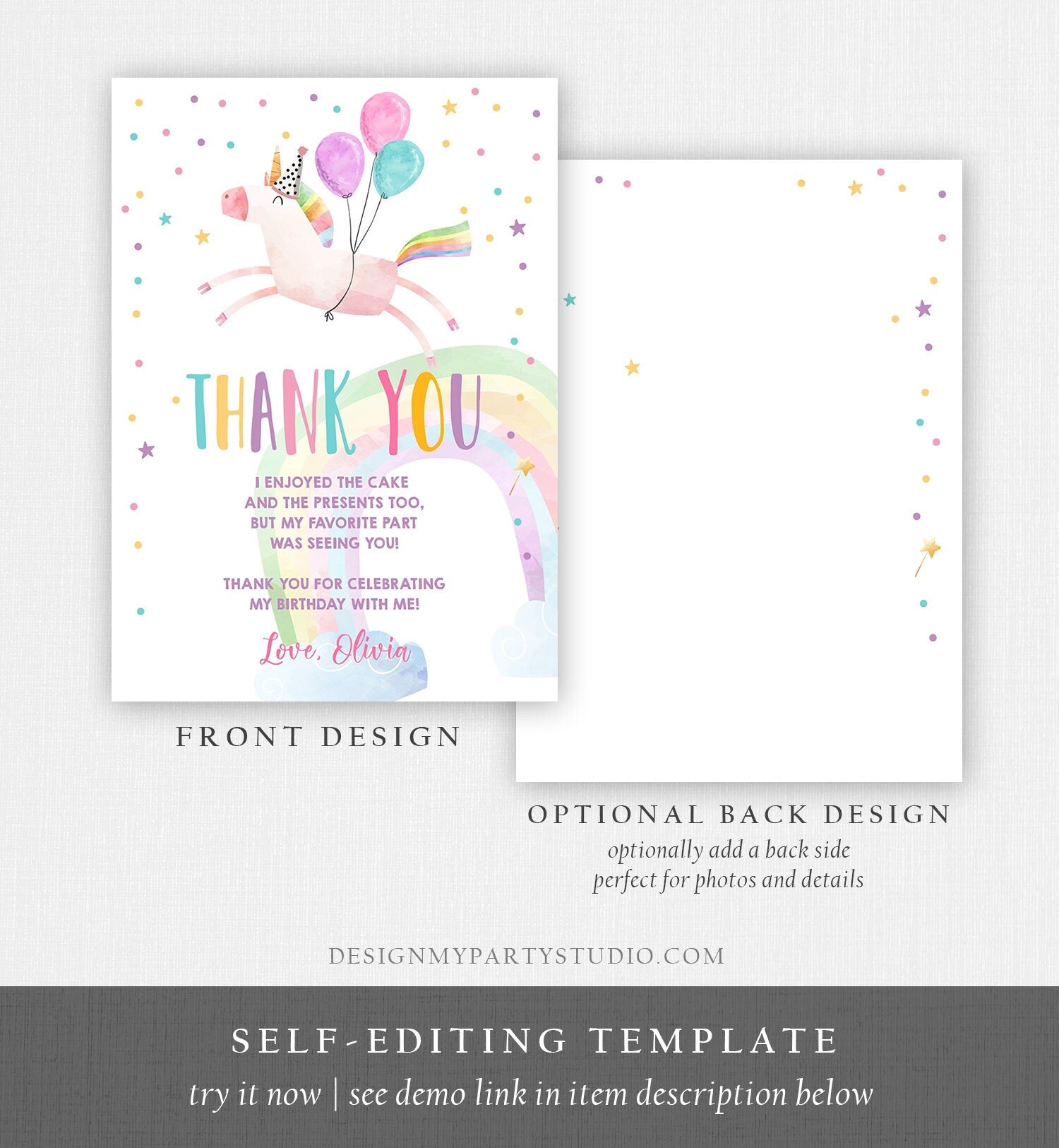 Editable Unicorn Thank You Card Girl Birthday Thank You Note Pink Gold Magical Party Baby Shower Download Digital Template Printable 0336