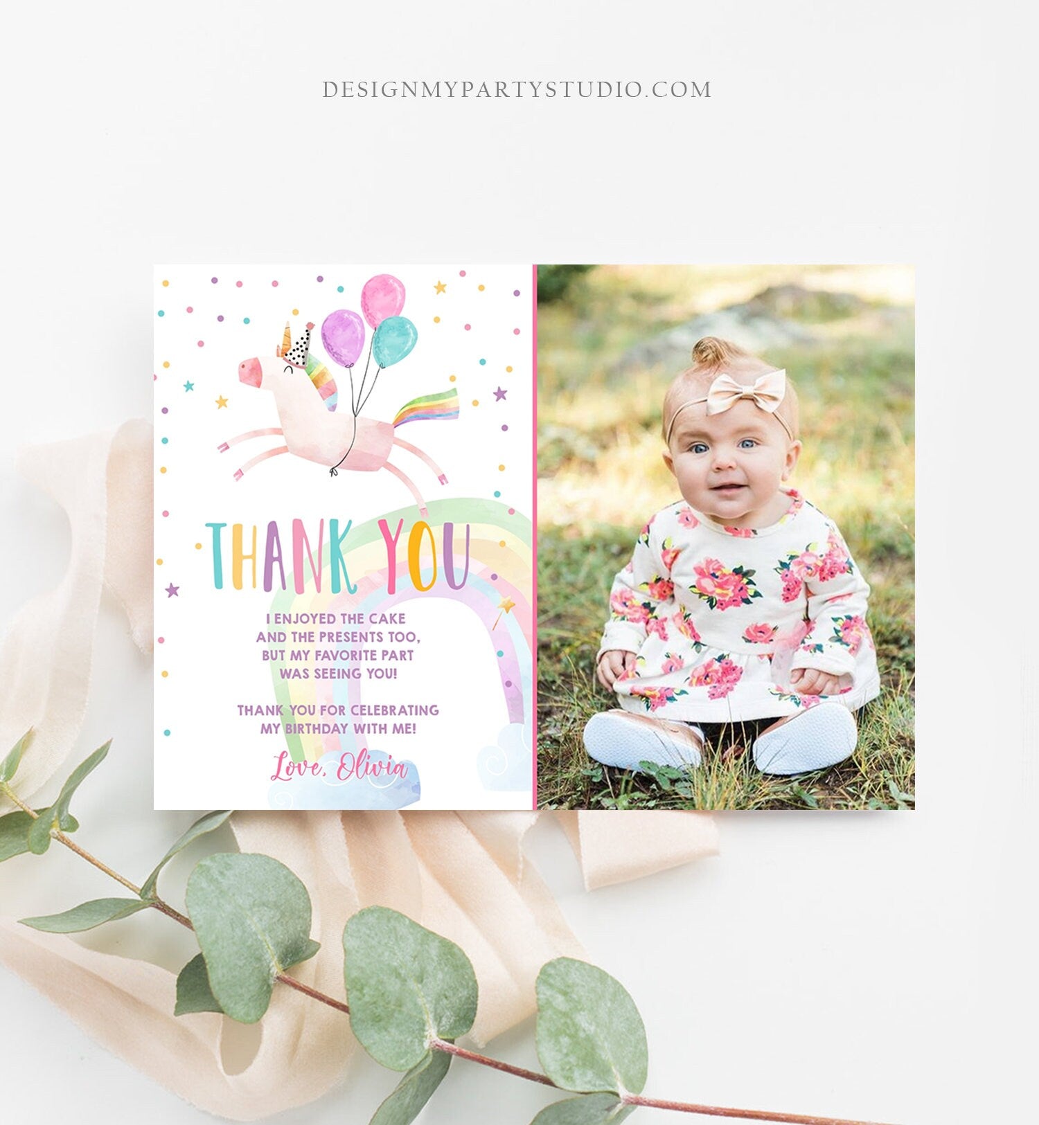 Editable Unicorn Thank You Card Girl Birthday Thank You Note Pink Gold Magical Party Baby Shower Digital Download Template Printable 0336