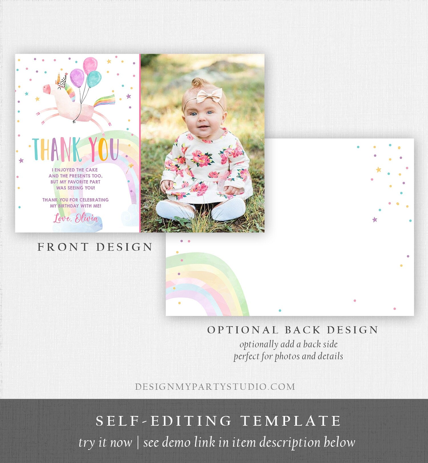 Editable Unicorn Thank You Card Girl Birthday Thank You Note Pink Gold Magical Party Baby Shower Digital Download Template Printable 0336