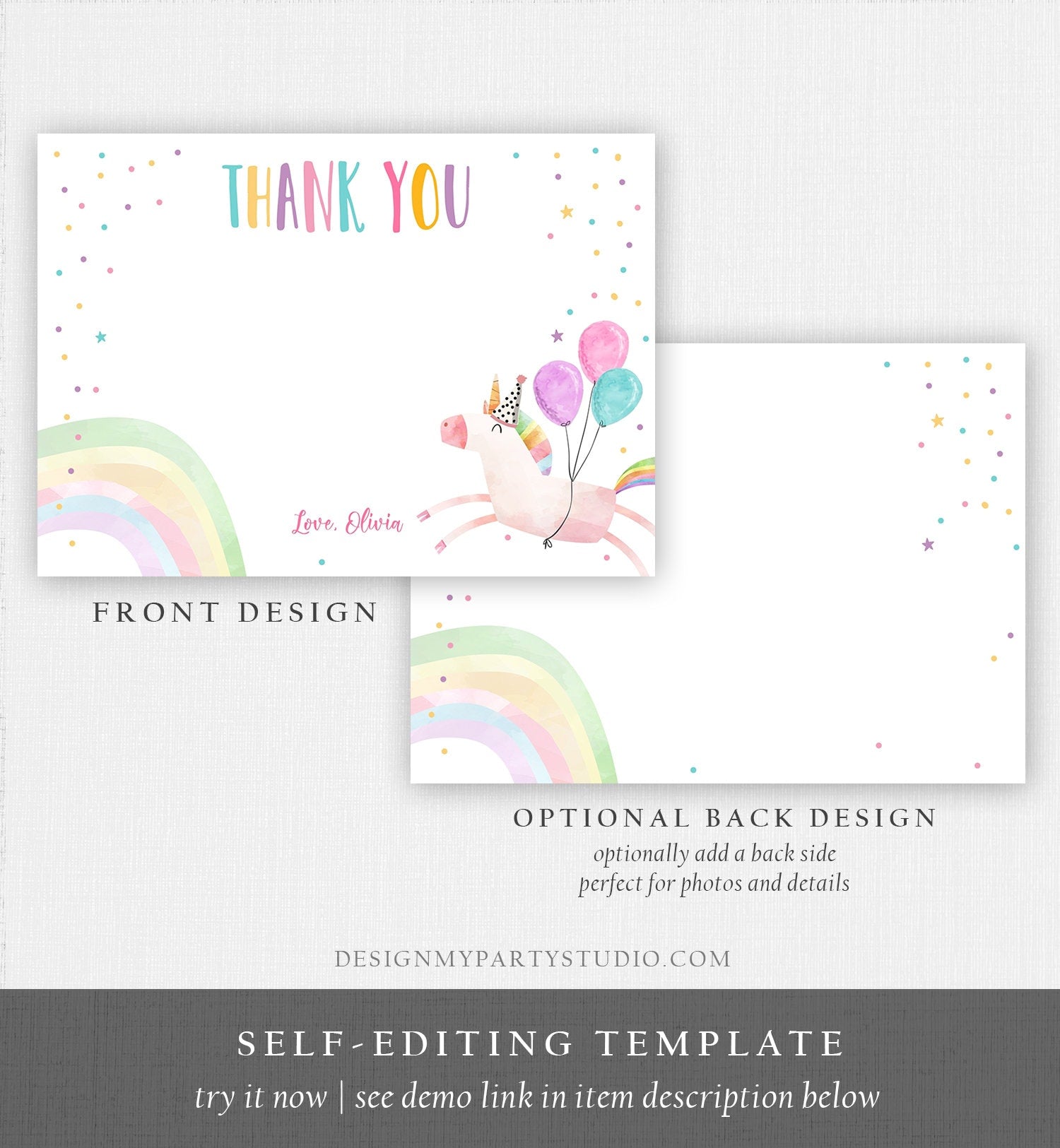 Editable Unicorn Thank You Card Girl Birthday Thank You Note Pink Gold Magical Party Baby Shower Download Corjl Template Printable 0336