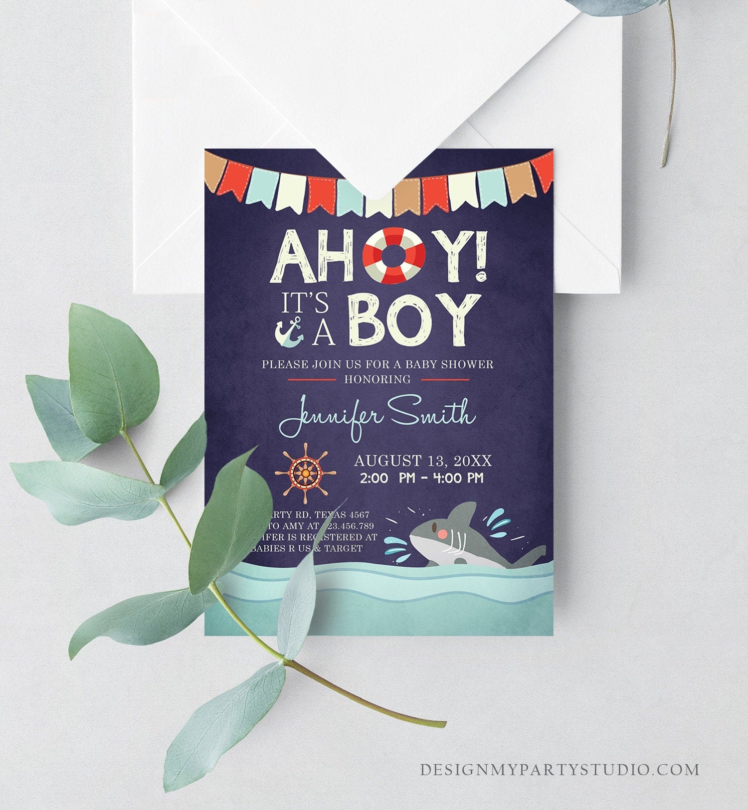 Editable Nautical Baby Shower Invitation Ahoy Its A Boy Baby Shark It's A Boy Ocean Red Navy Blue Instant Digital Corjl Template 0018