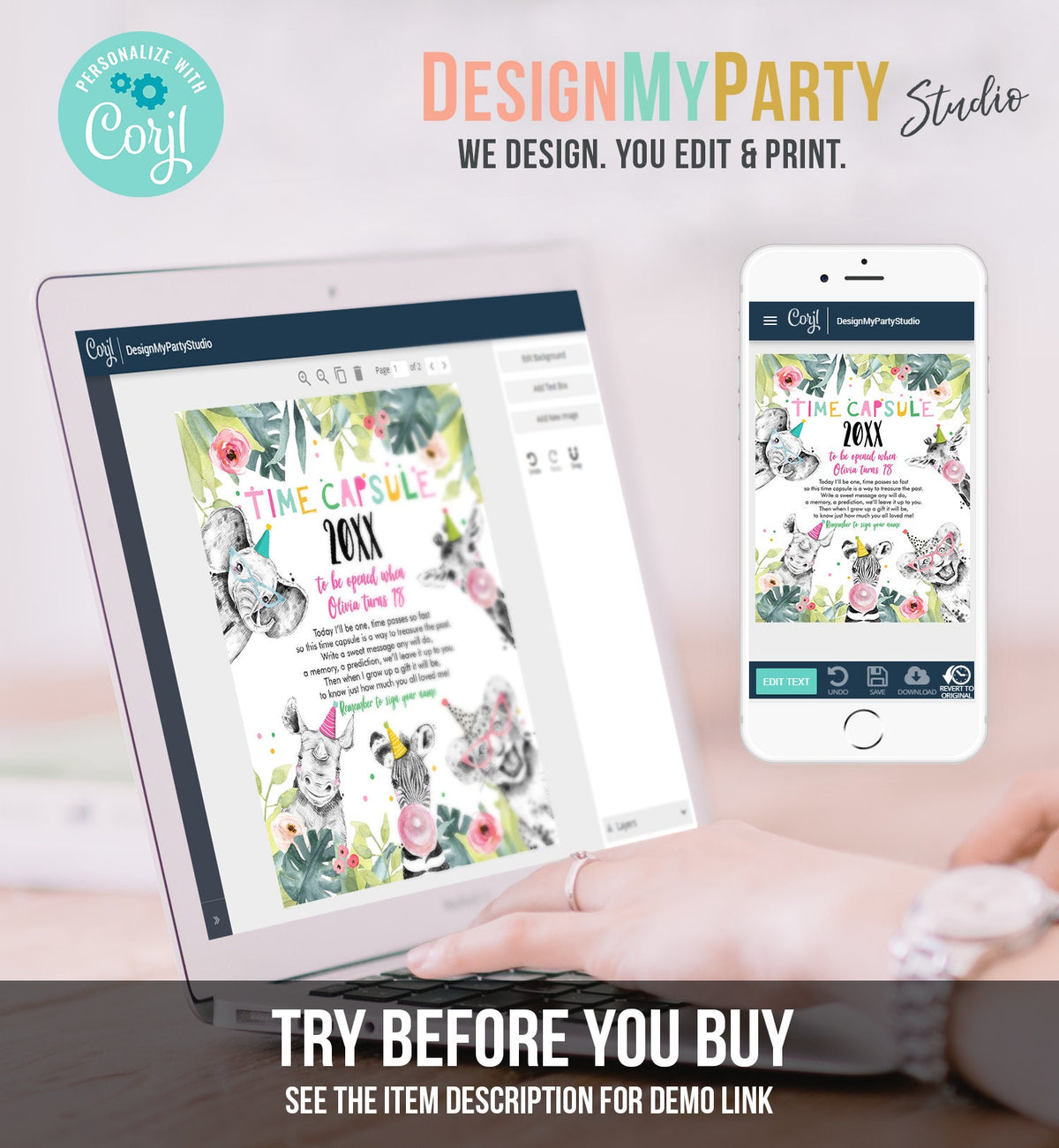 Editable Party Animals Time Capsule Girl Pink First Birthday Wild One First Birthday Zoo Safari Animals Digital Template Printable 0322