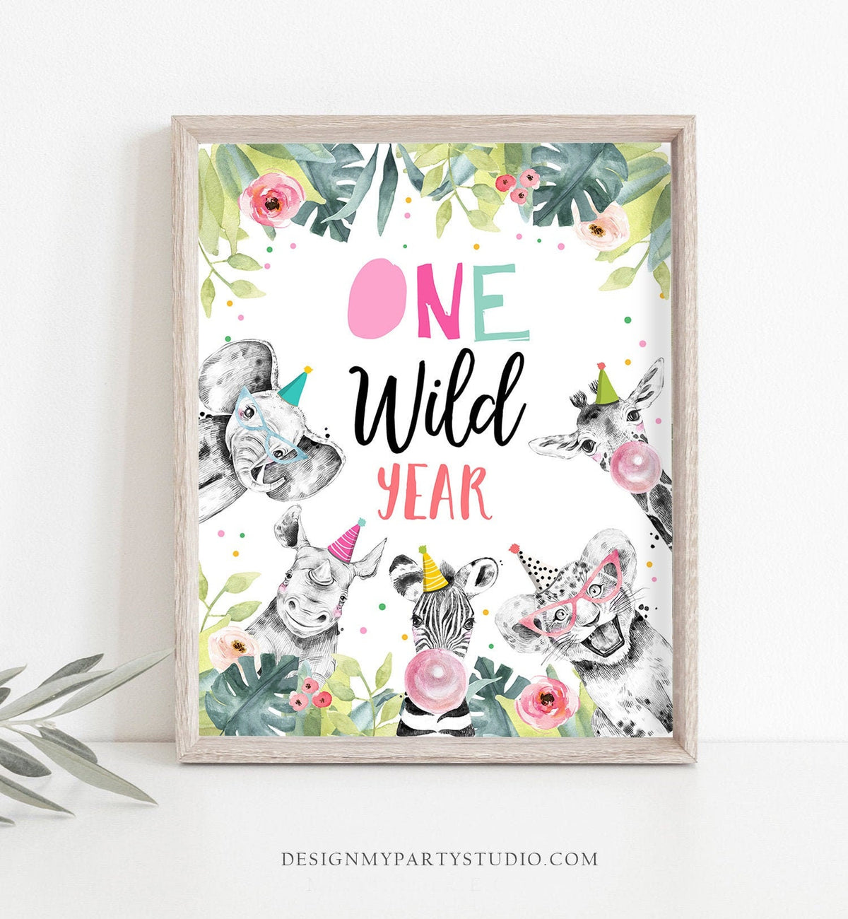 One Wild Year Birthday Sign Party Wild One First Birthday 1st Safari Animals Party Animals Zoo Girl Pink Decor Download Printable 0322
