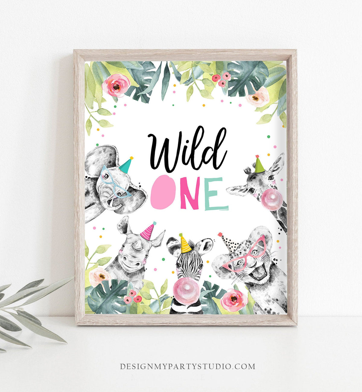 Wild One Birthday Sign Party One Wild Year First Birthday 1st Safari Animals Party Animals Zoo Girl Pink Decor Download Printable 0322