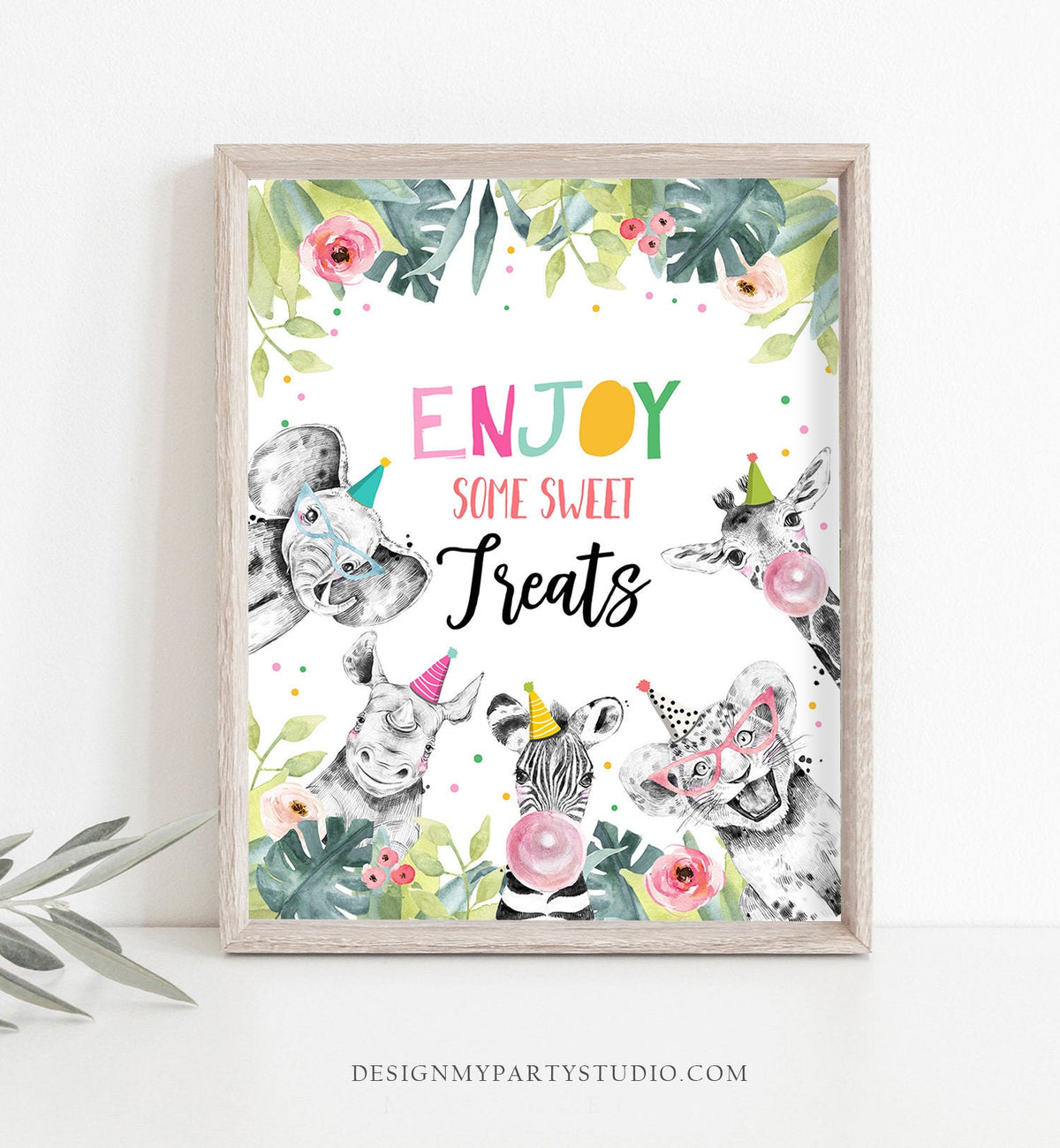 Enjoy Some Sweet Treats Birthday Sign Party Food Table Bar Snacks Safari Animals Party Animals Zoo Girl Pink Decor Download Printable 0322