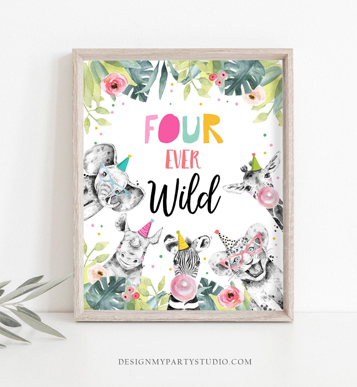 Four Ever Wild Birthday Sign Party Fourth Birthday 4th Safari Animals Party Animals Zoo Girl Pink Decor Instant Download Printable 0322
