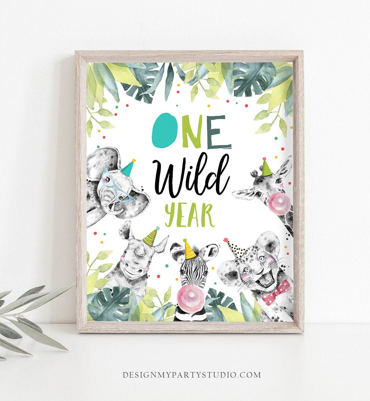 One Wild Year Birthday Sign Party Wild One First Birthday 1st Safari Animals Party Animals Zoo Boy Blue Green Decor Download Printable 0322