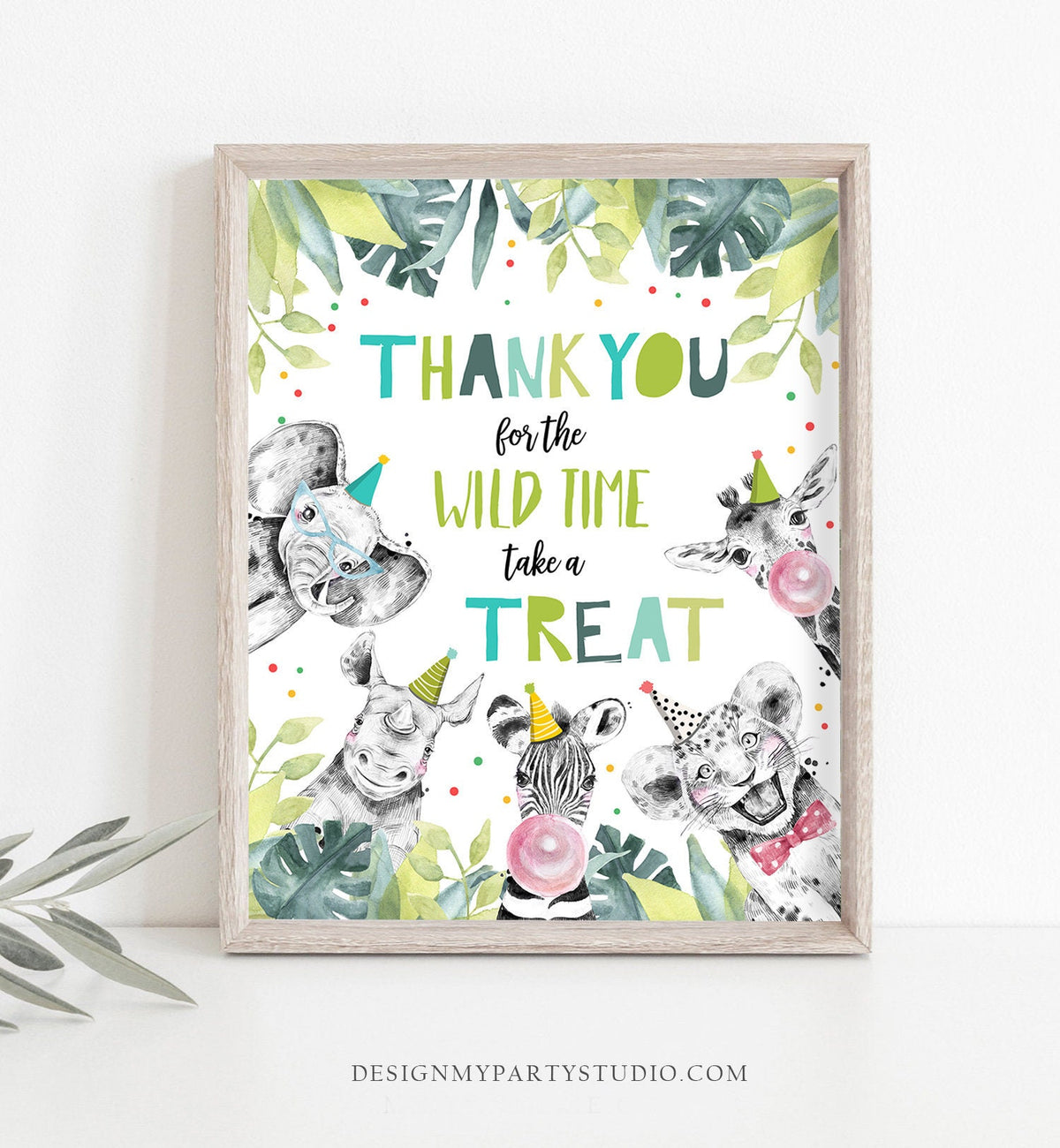 Thank You Wild Time Birthday Sign Party Take a Treat Sign Safari Animals Party Animals Zoo Boy Blue Decor Instant Download Printable 0322