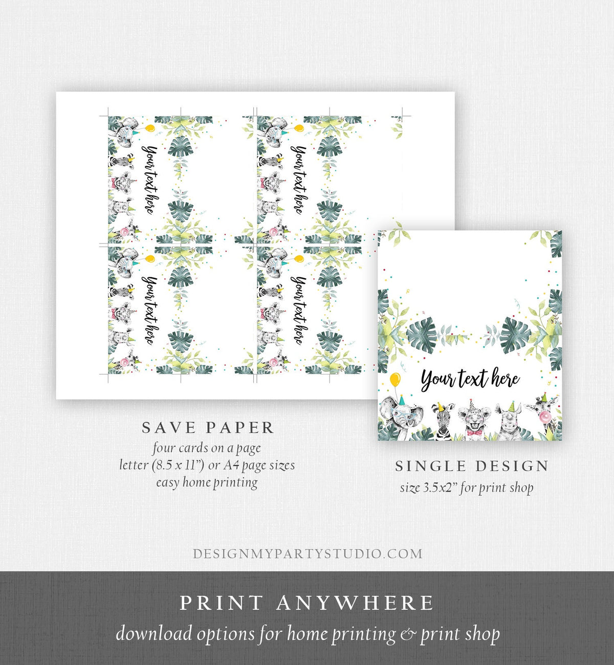 Editable Party Animals Food Labels Wild One Boy Blue Safari Animals Birthday Place Card Tent Card Escort Digital Template Printable 0322