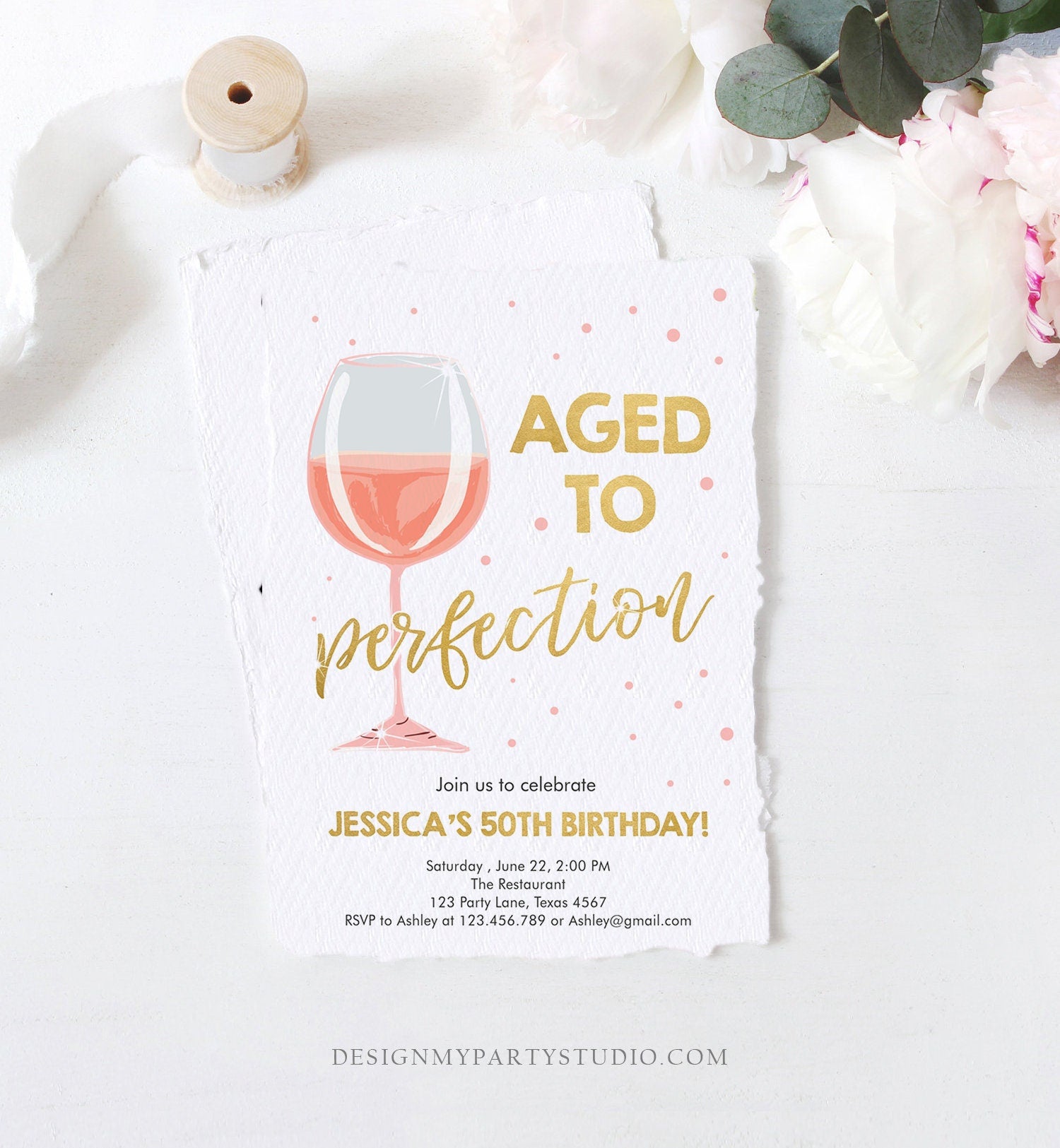 Editable Aged to Perfection Birthday Invitation Pink Rose Wine Glass Adult Birthday Party Rustic Surprise Digital Template Printable 0252