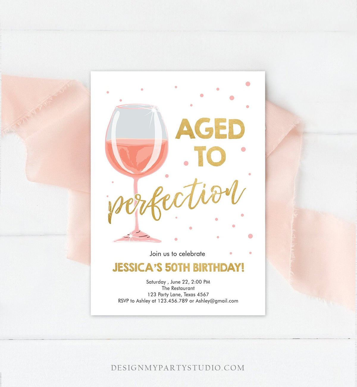 Editable Aged to Perfection Birthday Invitation Pink Rose Wine Glass Adult Birthday Party Rustic Surprise Digital Template Printable 0252