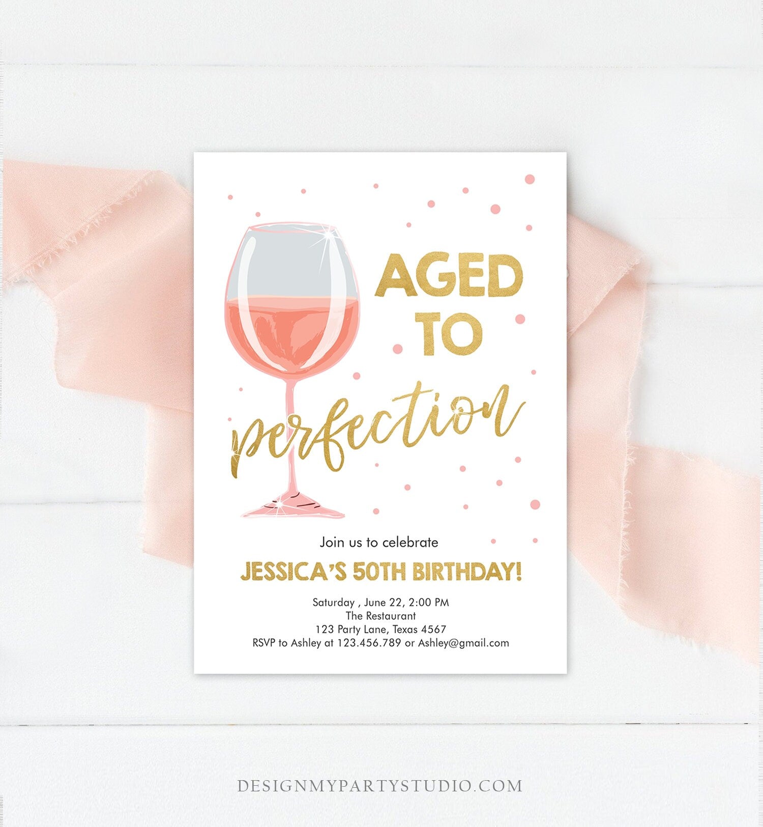Editable Aged to Perfection Birthday Invitation Pink Rose Wine Glass Adult Birthday Party Rustic Surprise Digital Template Printable 0252