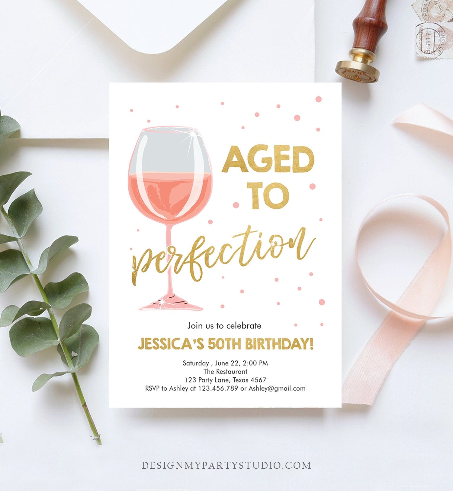 Editable Aged to Perfection Birthday Invitation Pink Rose Wine Glass Adult Birthday Party Rustic Surprise Digital Template Printable 0252