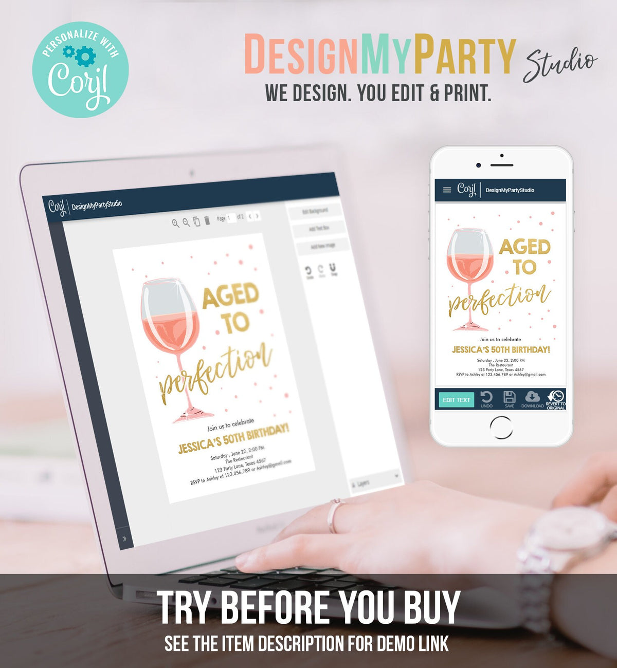 Editable Aged to Perfection Birthday Invitation Pink Rose Wine Glass Adult Birthday Party Rustic Surprise Digital Template Printable 0252