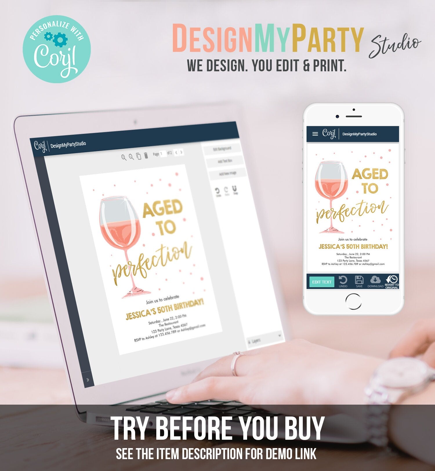 Editable Aged to Perfection Birthday Invitation Pink Rose Wine Glass Adult Birthday Party Rustic Surprise Digital Template Printable 0252