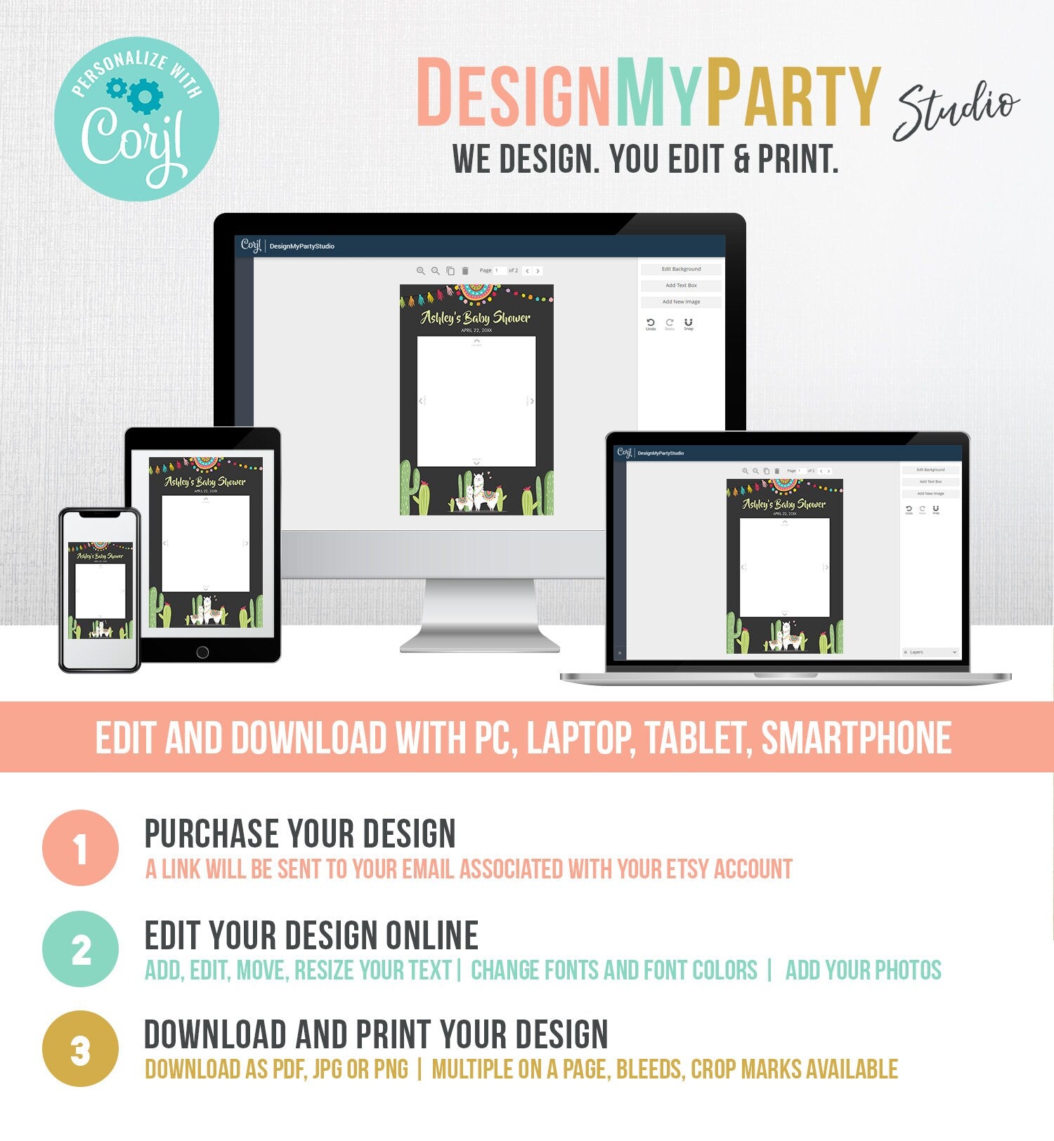 Editable Llama Photo Frame Booth Sign Baby Shower Prop Fiesta Llama Cactus Succulent Mexican Chalk Neutral Corjl Template Printable 0079