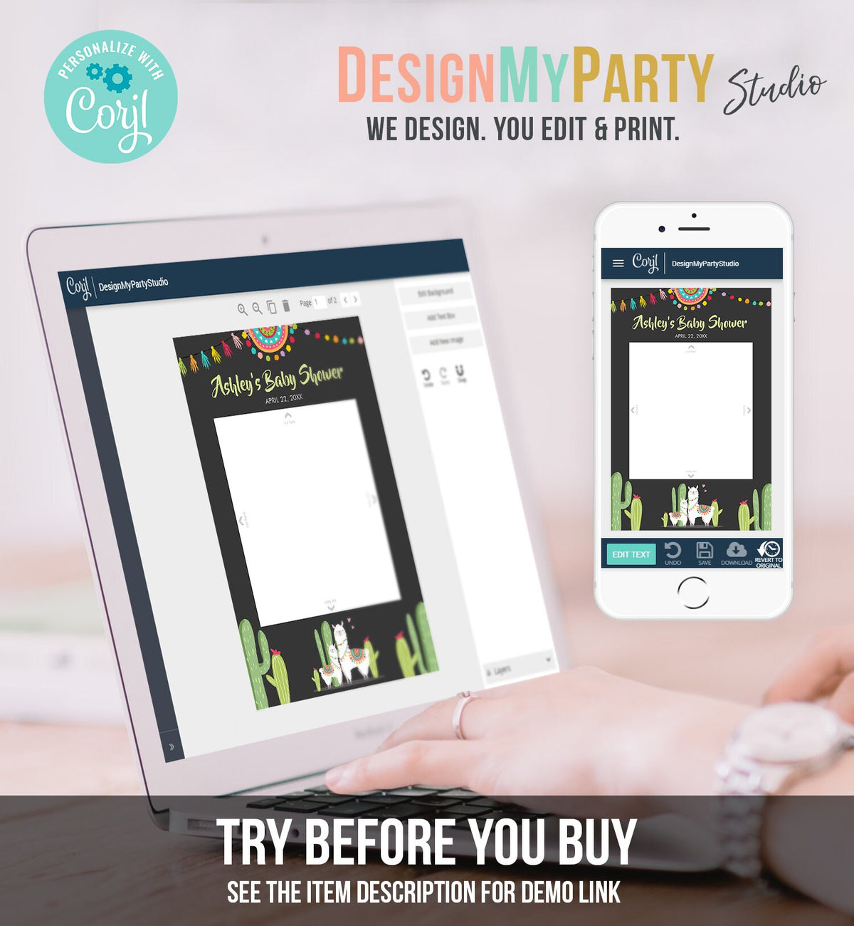 Editable Llama Photo Frame Booth Sign Baby Shower Prop Fiesta Llama Cactus Succulent Mexican Chalk Neutral Corjl Template Printable 0079