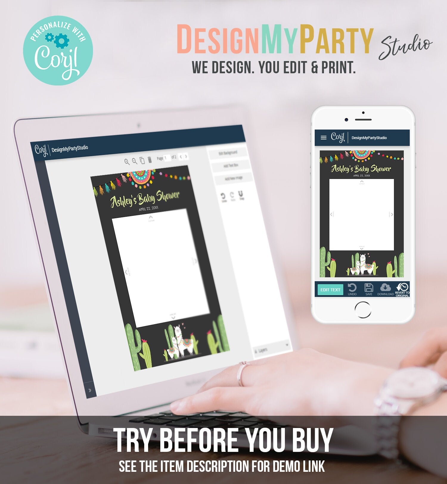 Editable Llama Photo Frame Booth Sign Baby Shower Prop Fiesta Llama Cactus Succulent Mexican Chalk Neutral Corjl Template Printable 0079