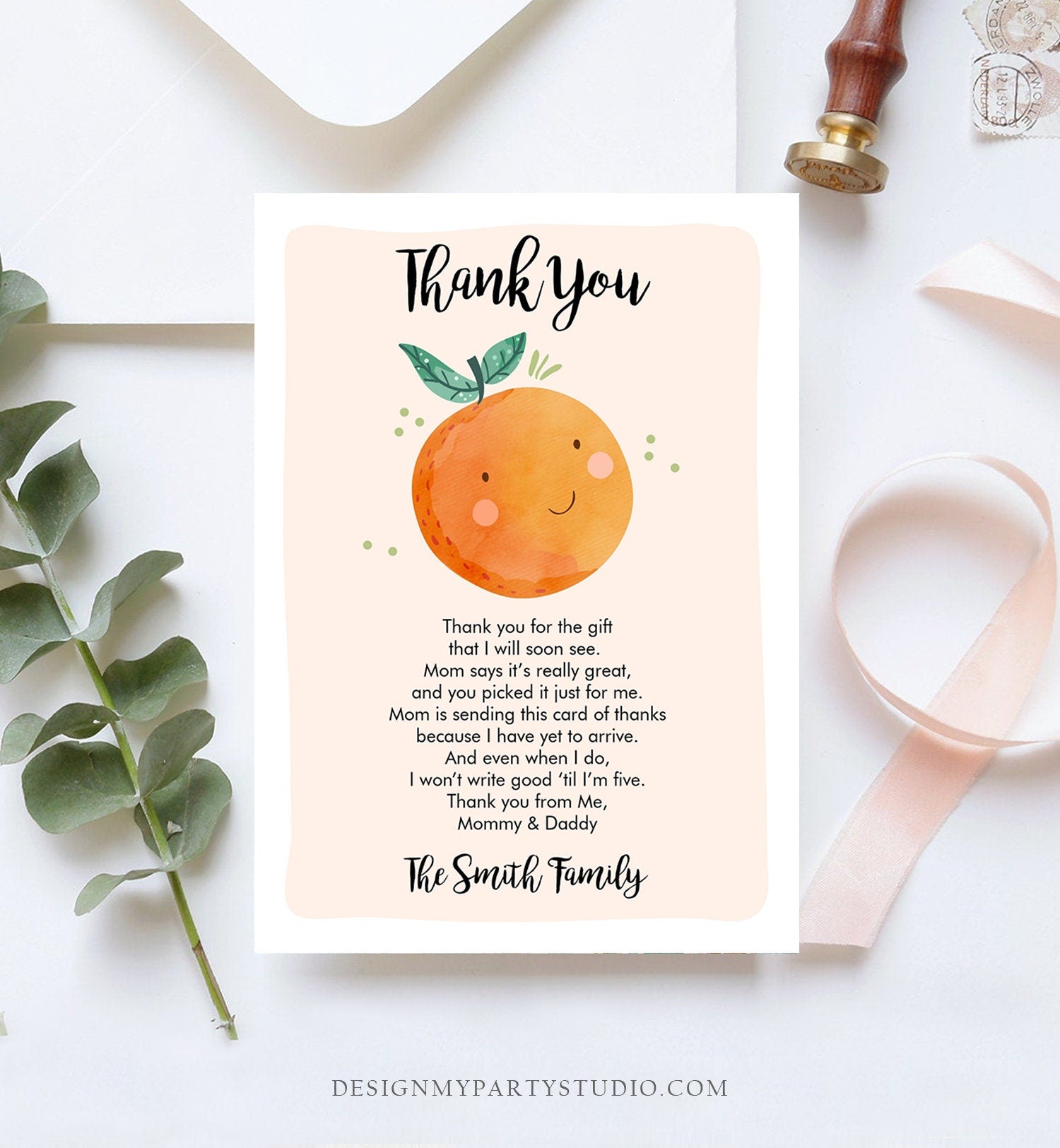 Editable A Little Cutie Thank You Card Baby Shower Clementine Orange Thank You Coed Shower Neutral Download Printable Corjl Template 0330