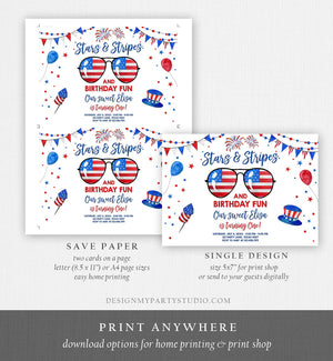 Editable Memorial Day Birthday Invitation 4th of July Little Firecracker Stars and Stripes Red White Blue Template Corjl Digital 0122