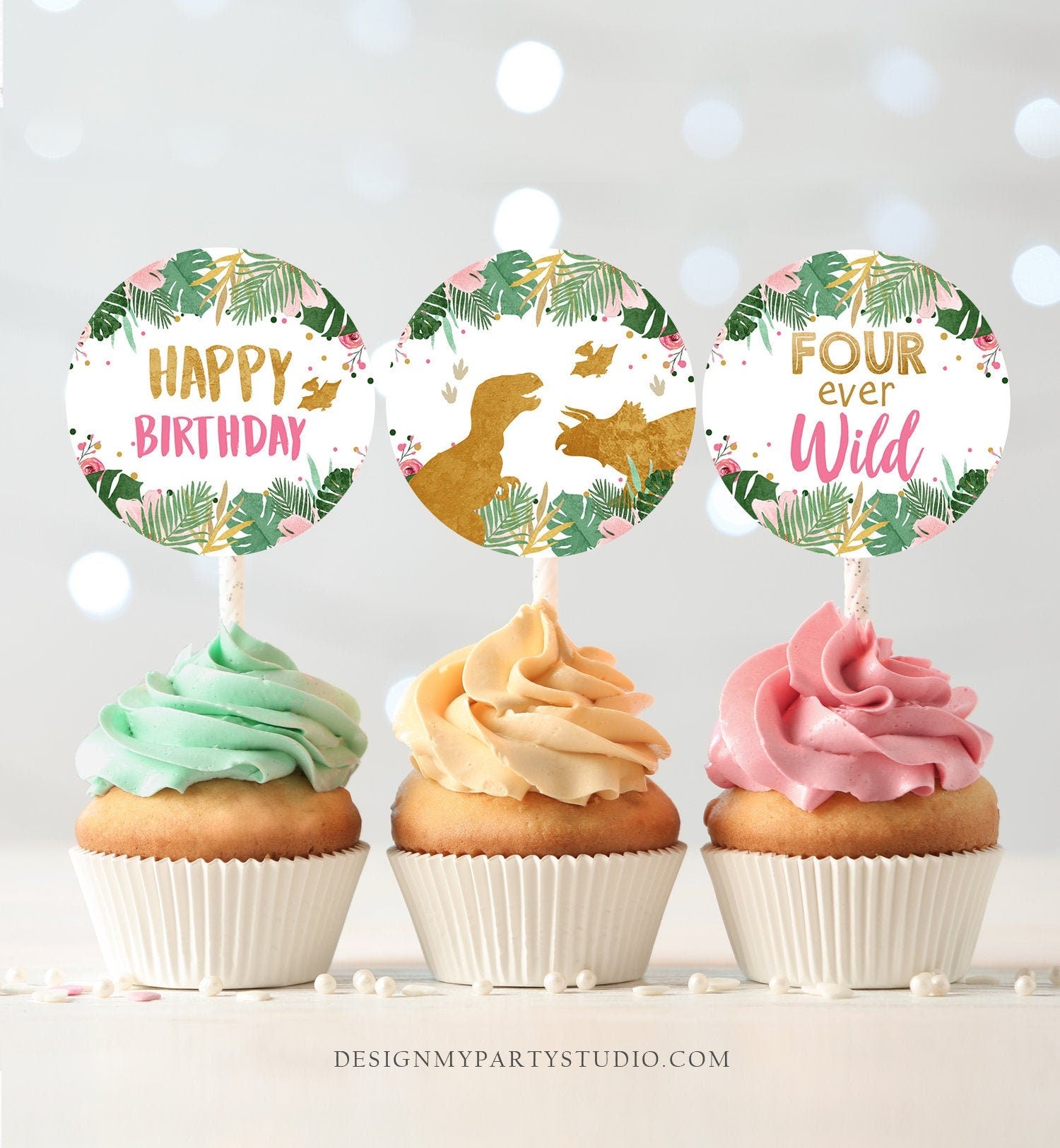 Fourever Wild Cupcake Toppers Favor Tags Dinosaur Fourth Birthday Party 4th Decor Girl Stickers Dino Party Pink Gold Download Printable 0146