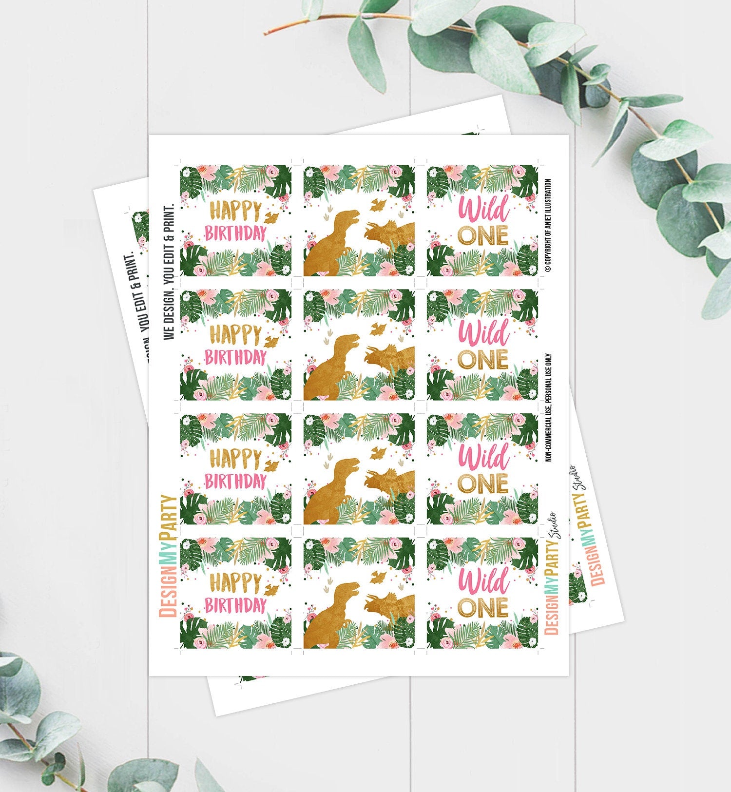 Wild One Cupcake Toppers Favor Tags Dinosaur First Birthday Party 1st Decor Girl Stickers Dino Party Pink Gold Download Printable 0146